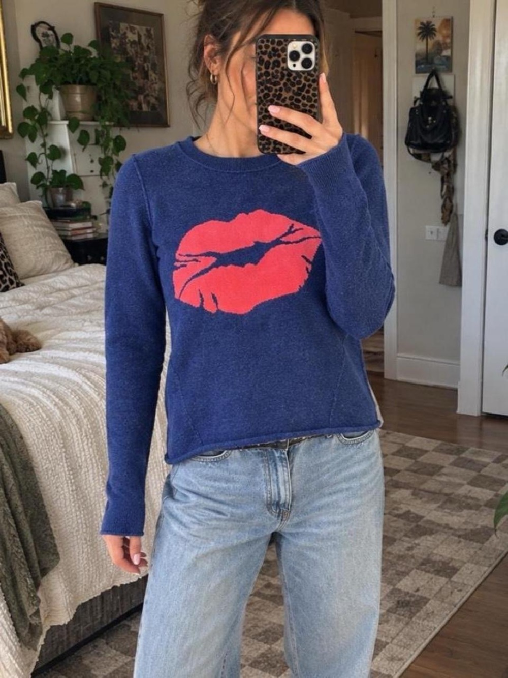 Lisa Todd Navy Crewneck Sweater with Red Lip Graphic